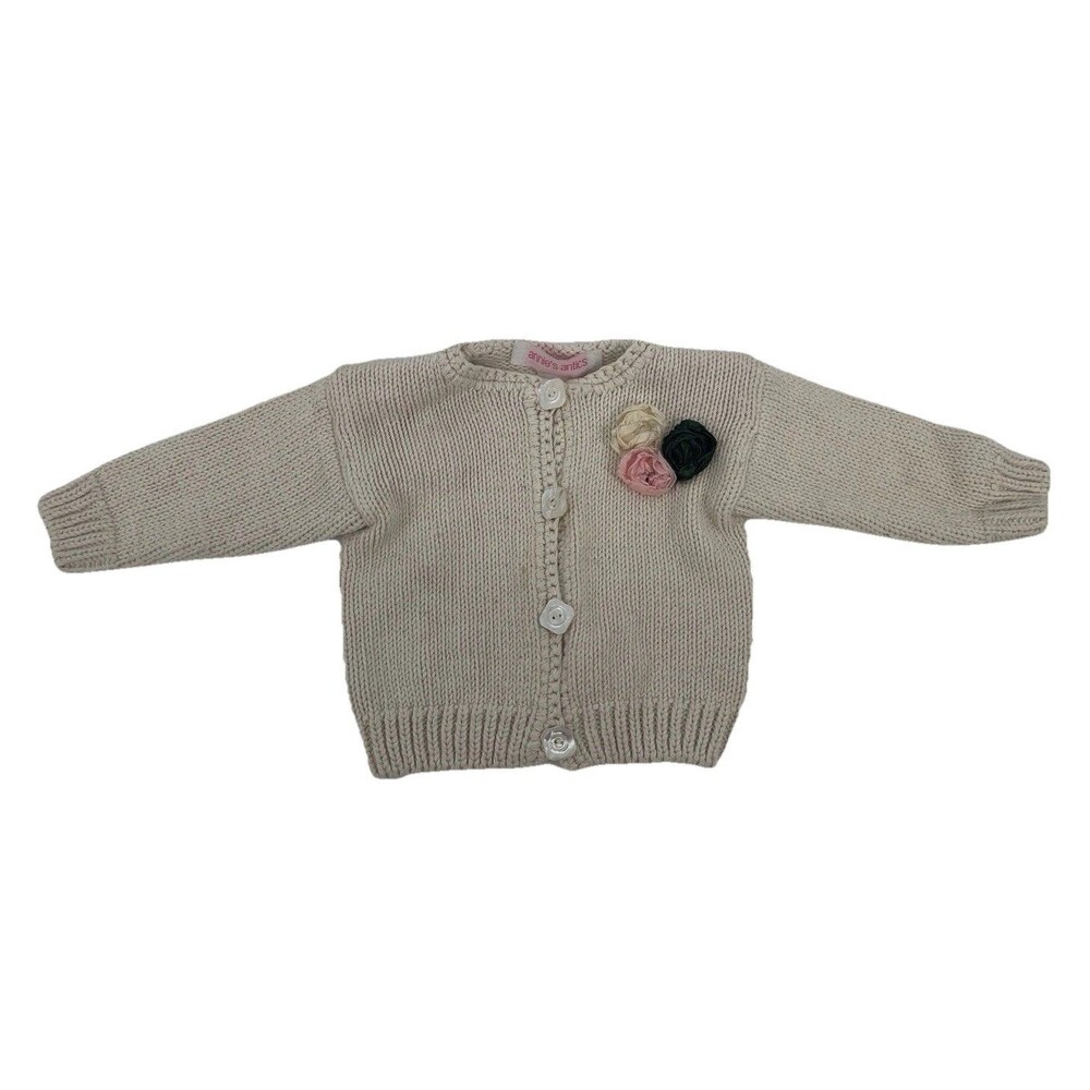 Vtg. Chunky Knit Rosette Granny Cottage Minimalist Button Cardigan Cotton 18 Mo